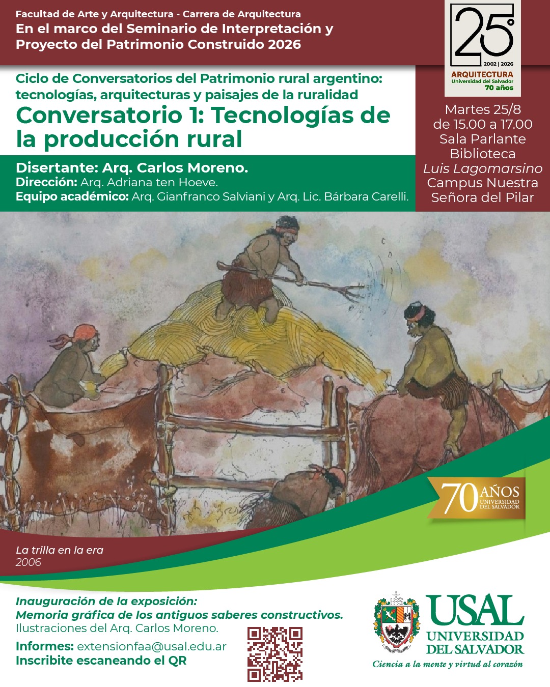 Portada de la actividad Conversatorios sobre Patrimonio Rural: “El patrimonio rural de la pampa húmeda: paisajes, arquitecturas y tecnologías” | Ciclo 25 años de creación de la Carrera de Arquitectura en la Universidad del Salvador