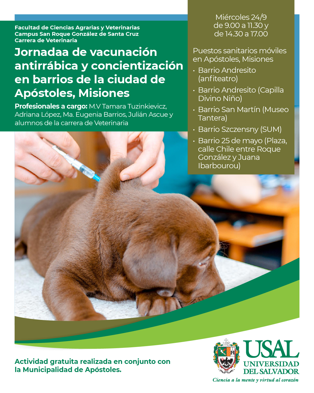 Portada de la actividad Jornada de vacunación antirrábica y concientización en barrios de la ciudad de Apóstoles, Misiones.