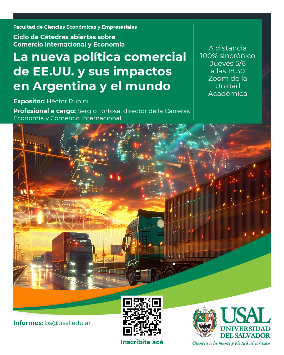 Portada de la actividad Ciclo de Cátedras abiertas sobre Comercio Internacional y Economía. Disp Vrid 86/2025