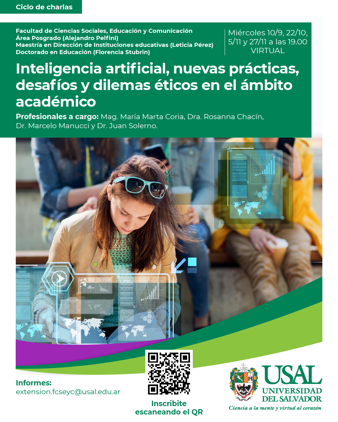 Portada de la actividad Ciclo de charlas: Inteligencia artificial, nuevas prácticas, desafíos y dilemas éticos en el ámbito académico (DVRID 169/25)
