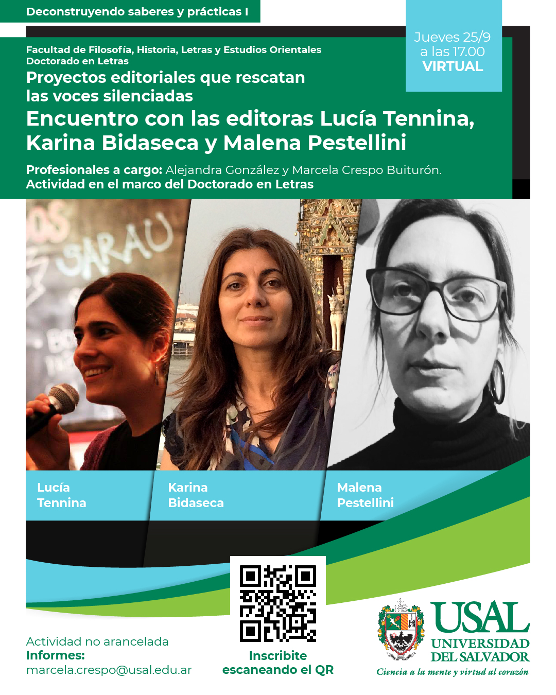 Portada de la actividad Deconstruyendo saberes y prácticas I: Proyectos editoriales que rescatan las voces silenciadas. Encuentro con las editoras Lucía Tennina, Carina Bidaseca y Malena Pestellini (D.D. 148/25)