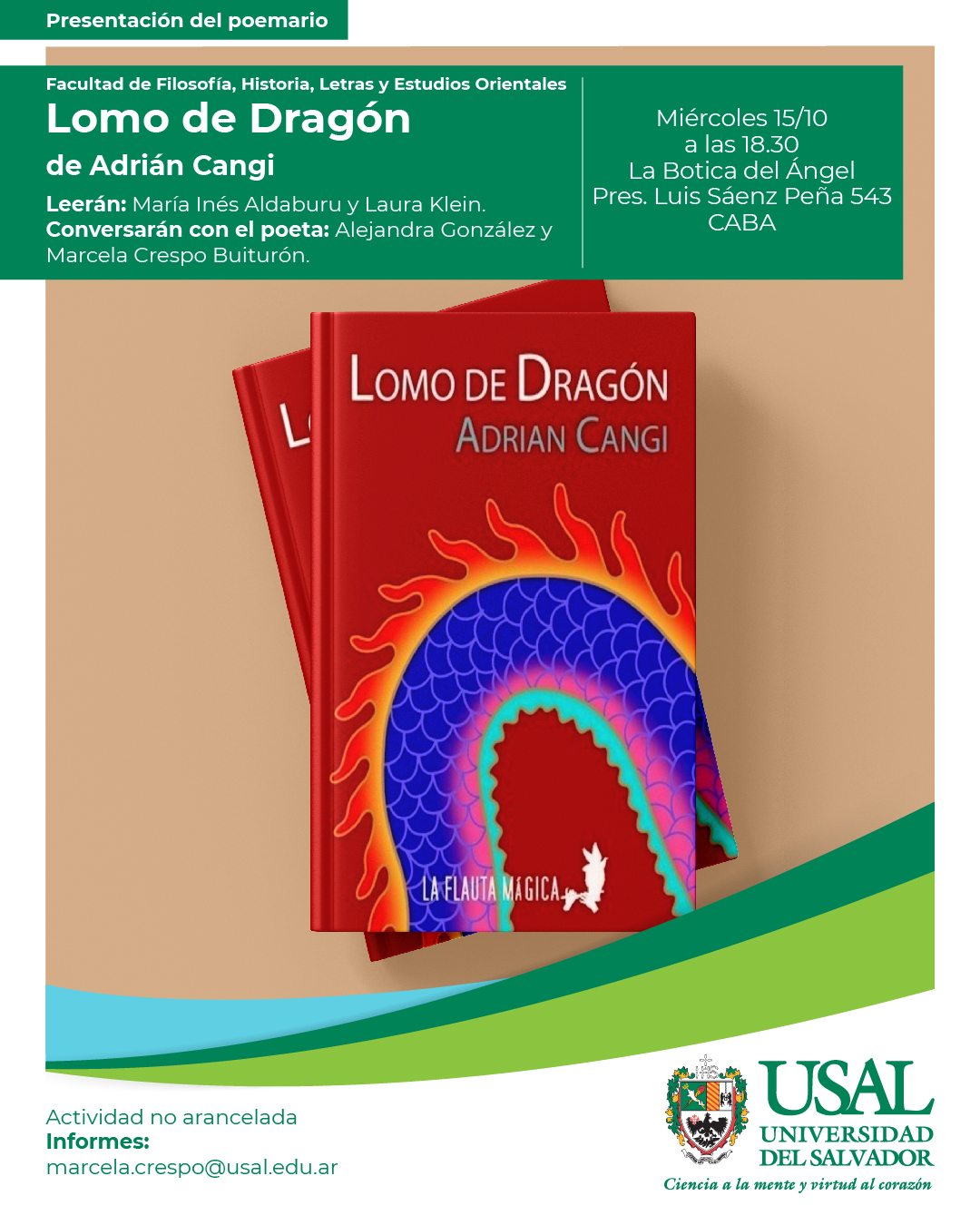Portada de la actividad Presentación del poemario Lomo de Dragón, de Adrián Cangi (D.D. 156/25)