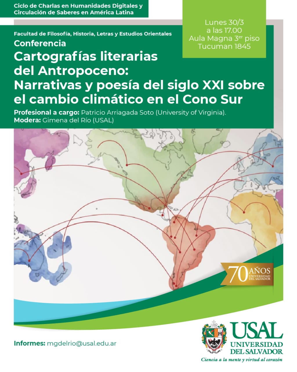 Portada de la actividad Conferencia: Cartografías literarias del Antropoceno: Narrativas y poesía del siglo XXI sobre el cambio climático en el Cono Sur. Patricio Arriagada Soto (University of Virginia).  (RV 13/26)