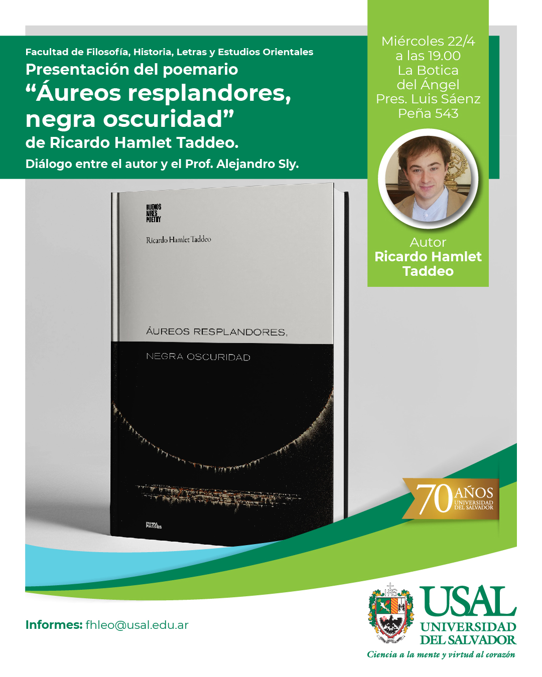 Portada de la actividad Presentación del poemario “Áureos resplandores, negra oscuridad” de Ricardo Hamlet Taddeo. (DD 28/26)