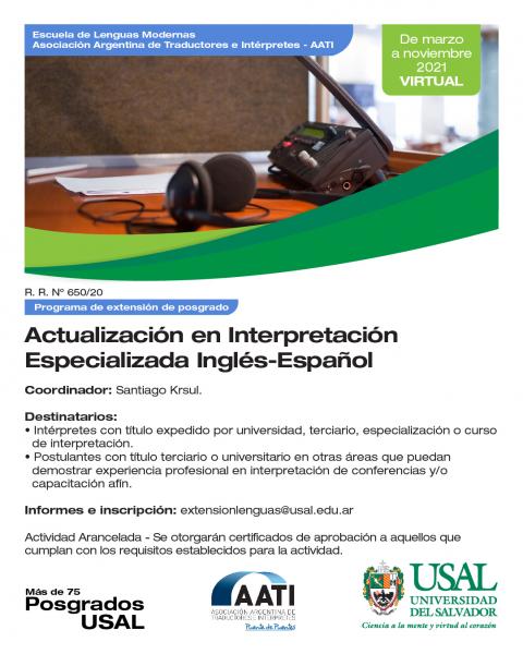 Portada de la actividad Programa de extensión de posgrado: Actualización en Interpretación Especializada InglésEspañol AATI-USAL (D.V.No.19/25)