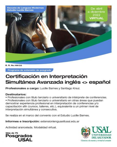 Portada de la actividad Programa de extensión de posgrado Certificación en Interpretación Simultánea Avanzada inglés  español (D.V.No.18/25)