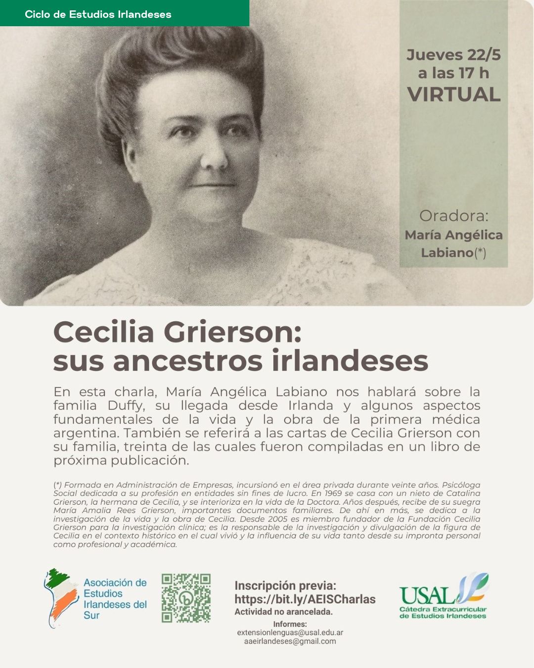 Portada de la actividad Charla: «Cecilia Grierson: sus ancestros irlandeses» - Ciclo de Cultura y Estudios Irlandeses (D. D. Nº14/25)