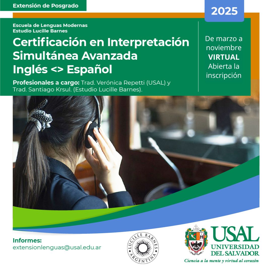 Portada de la actividad Programa de extensión de posgrado Certificación en Interpretación Simultánea Avanzada inglés  español (D.V.No.18/25)