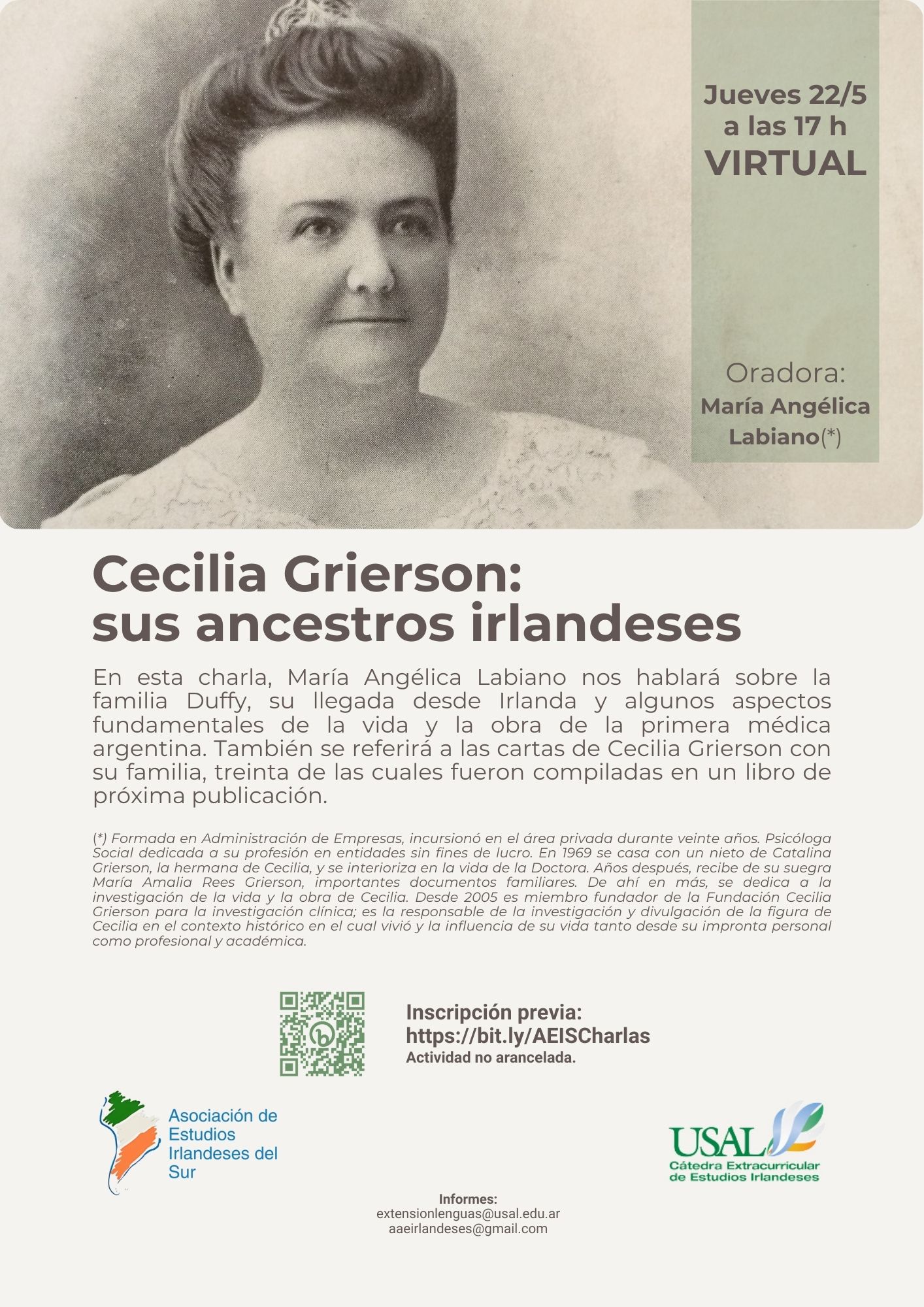 Portada de la actividad Charla: «Cecilia Grierson: sus ancestros irlandeses» - Ciclo de Cultura y Estudios Irlandeses (D. D. Nº14/25)