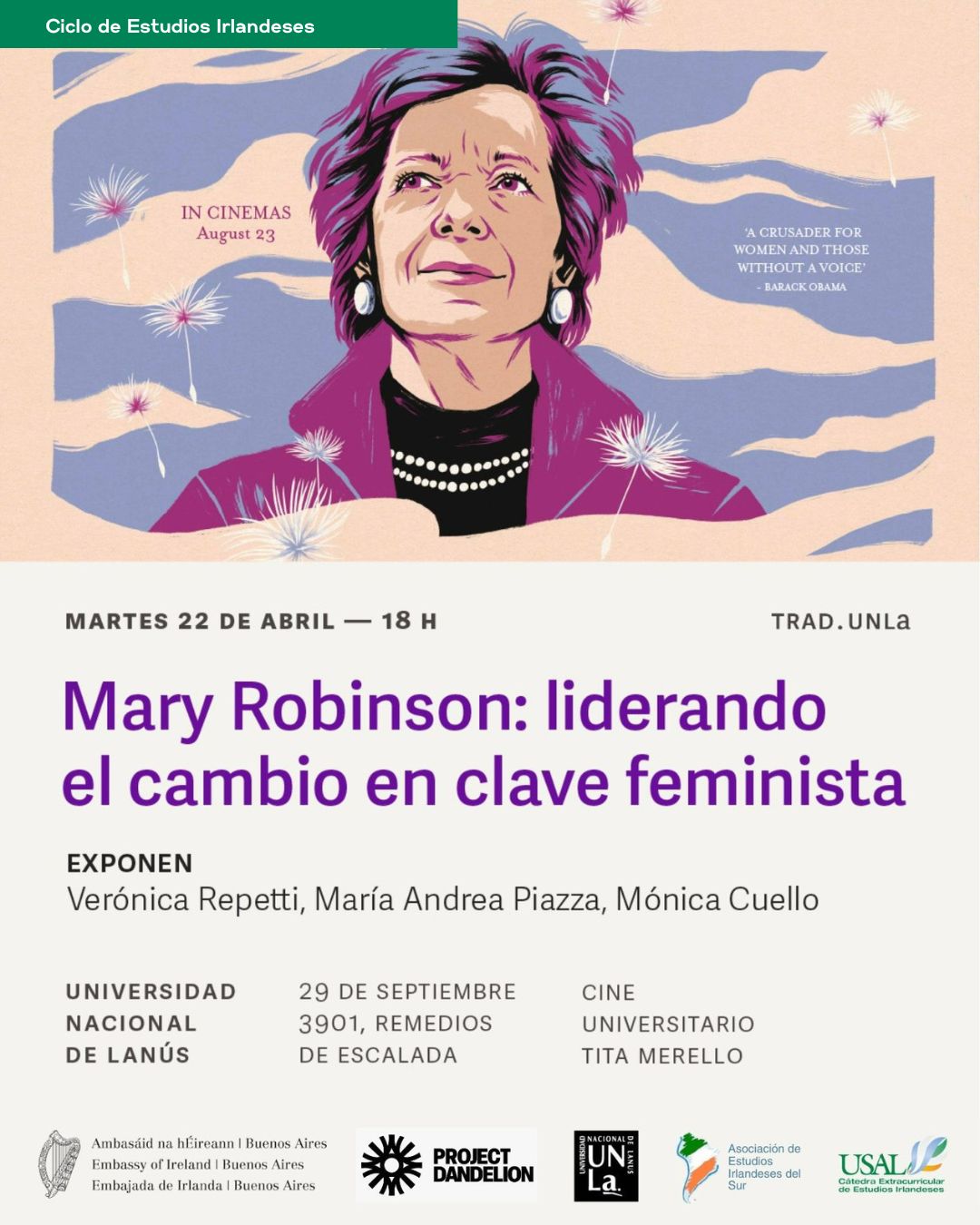 Portada de la actividad Documental y charla: «Mary Robinson: liderando el cambio en clave feminista» - Ciclo de Cultura y Estudios Irlandeses (D. D. Nº14/25)