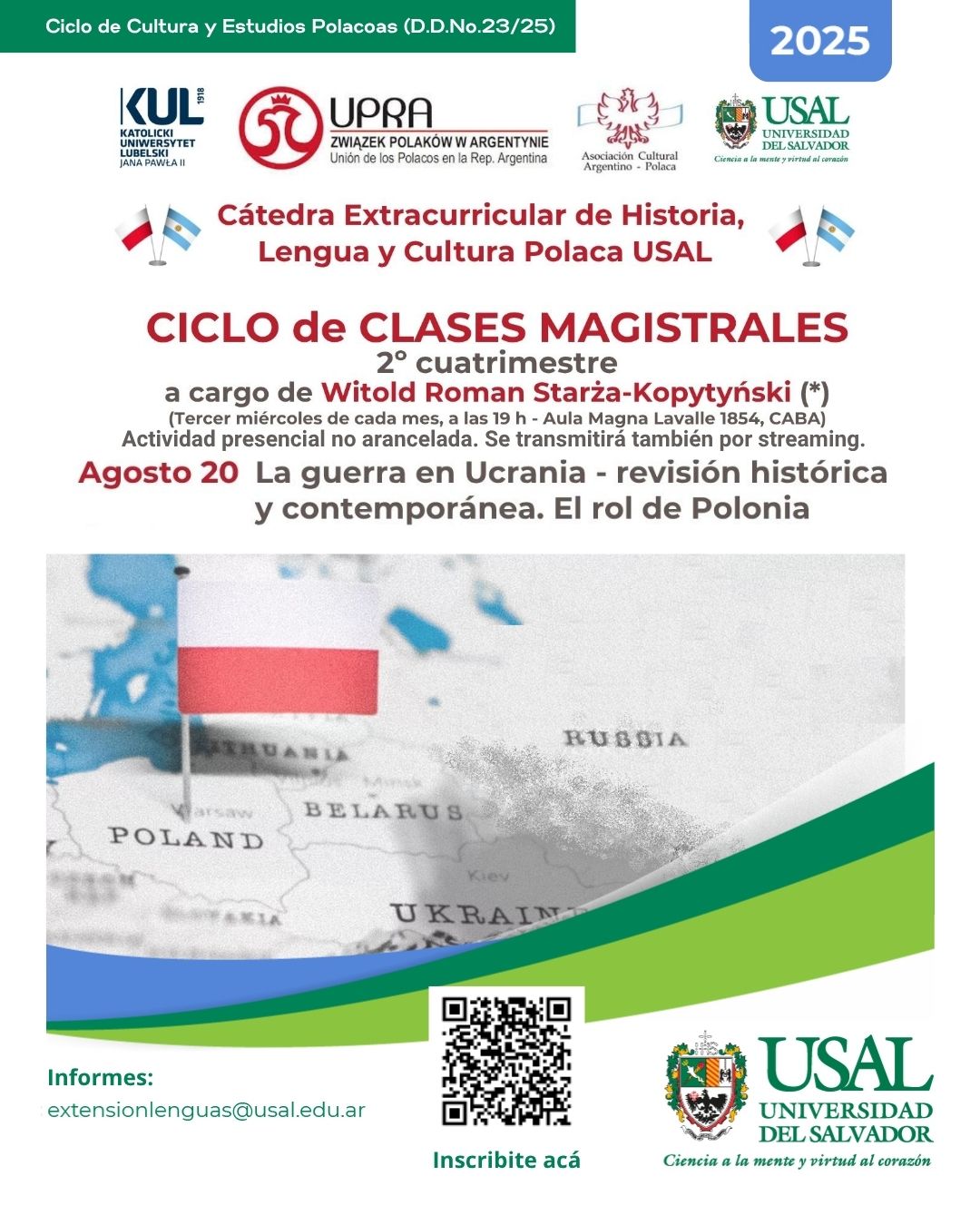 Portada de la actividad La guerra en Ucrania - revisión histórica y contemporánea. El rol de Polonia - Ciclo de Cultura y Estudios Polacos (D. D. Nº23/25)