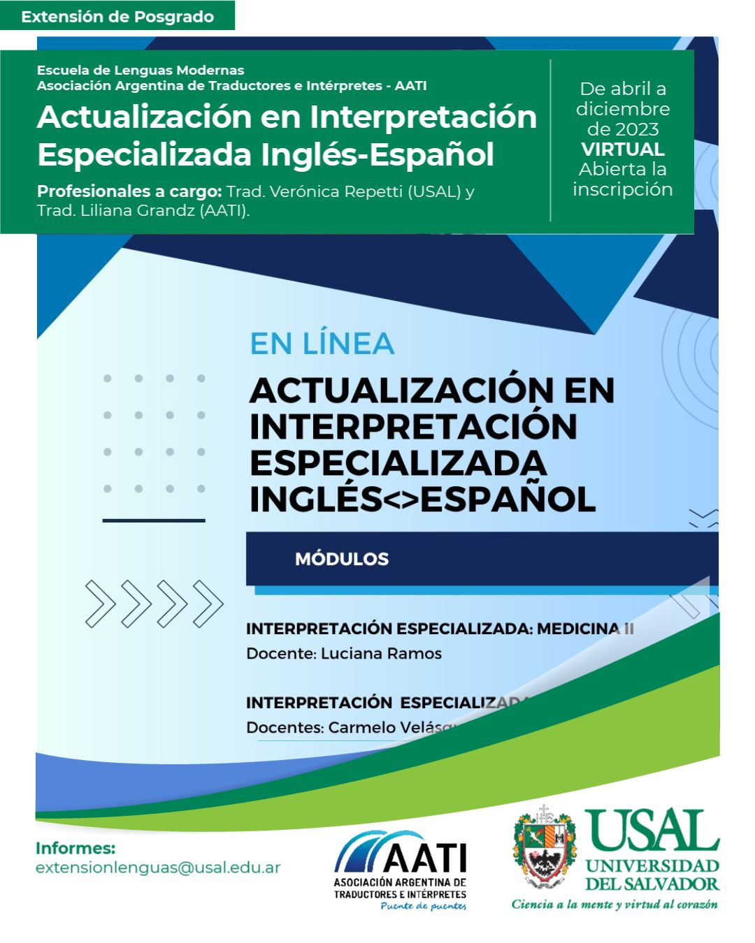 Portada de la actividad Programa de extensión de posgrado: Actualización en Interpretación Especializada InglésEspañol AATI-USAL (D.V.No.19/25)