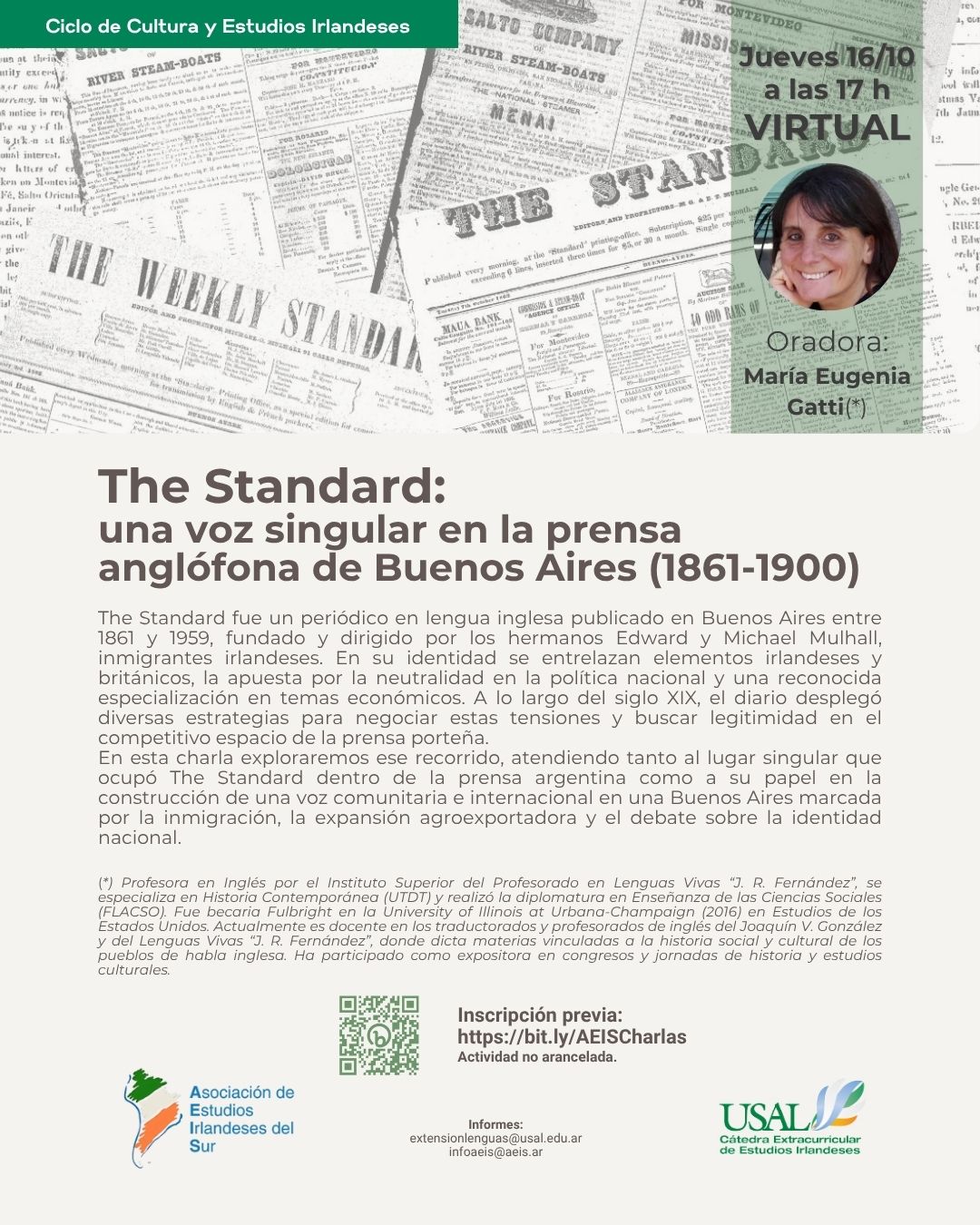Portada de la actividad Charla: The Standard: una voz singular en la prensa anglófona de Buenos Aires (1861-1900) - Ciclo de Cultura y Estudios Irlandeses (D. D. Nº14/25)