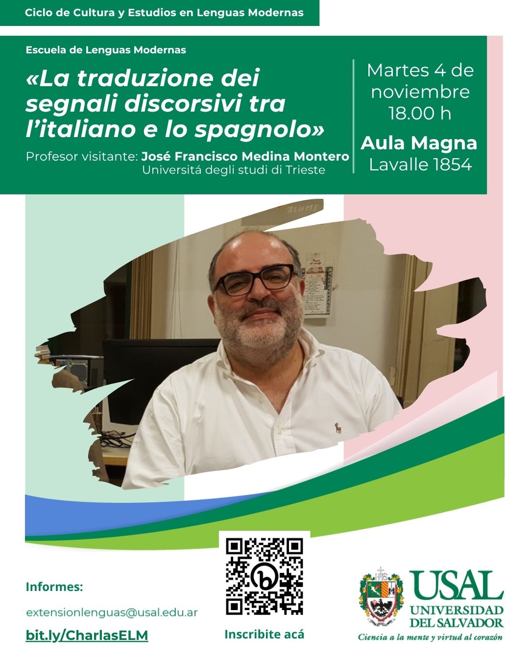 Portada de la actividad Conferencia «La traduzione dei segnali discorsivi tra l’italiano e lo spagnolo» - Ciclo de Cultura y Estudios en Lenguas Modernas (D.D.No.15/25)