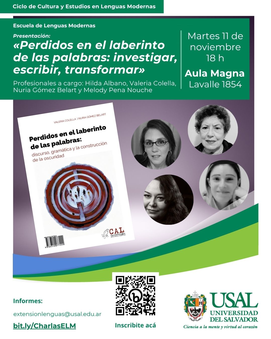 Portada de la actividad Presentación: «Perdidos en el laberinto de las palabras: investigar, escribir, transformar» - Ciclo de Cultura y Estudios en Lenguas Modernas (D.D.No.15/25)