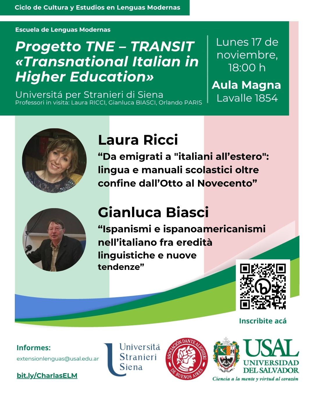 Portada de la actividad Conferencias «Da emigrati a 'italiani all’estero': lingua e manuali scolastici oltre confine dall’Otto al Novecento» e «Ispanismi e ispanoamericanismi nell’italiano fra eredità linguistiche e nuove tendenze» - Ciclo de Cultura y Estudios en Lenguas Modernas (D.D.No.15/25)