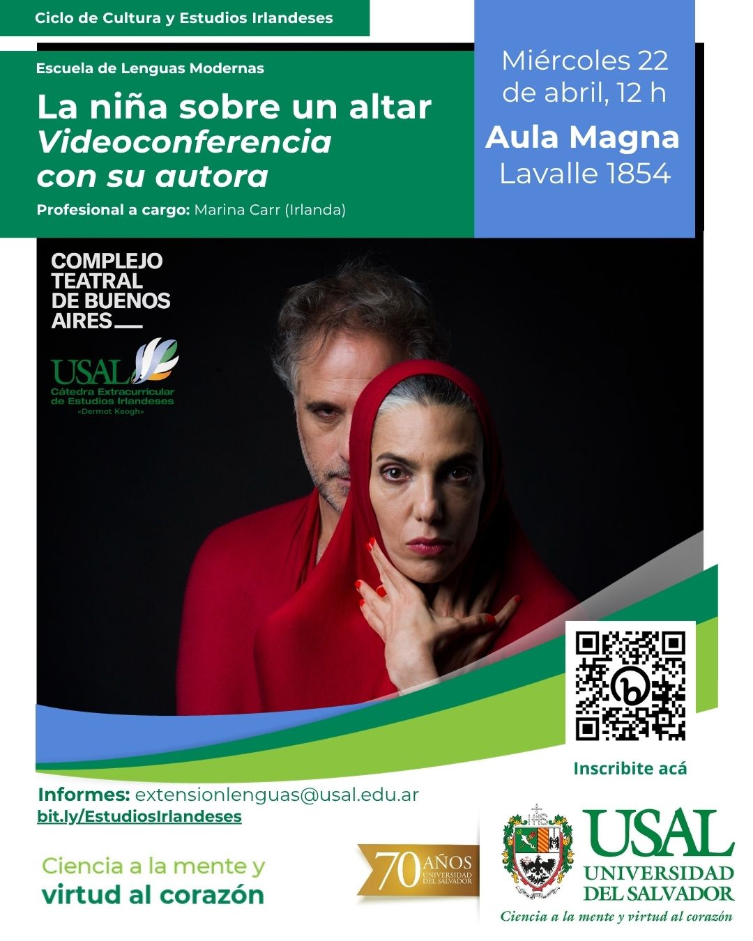 Portada de la actividad «La niña sobre un altar» Videoconferencia con su autora, Marina Carr (Irlanda) Ciclo de Cultura y Estudios Irlandeses (D.D. No.4/26)