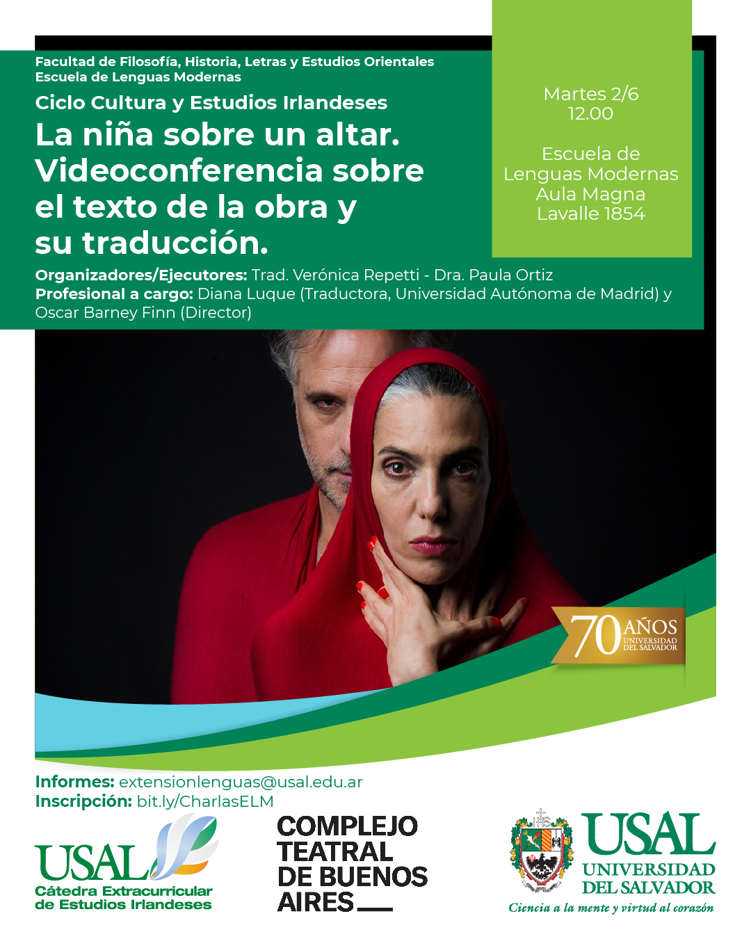 Portada de la actividad «La niña sobre un altar» Conversación sobre la obra teatral entre Oscar Barney Finn (director) y Diana Luque (traductora) - Ciclo de Cultura y Estudios Irlandeses (D.Dec. No.067/26)