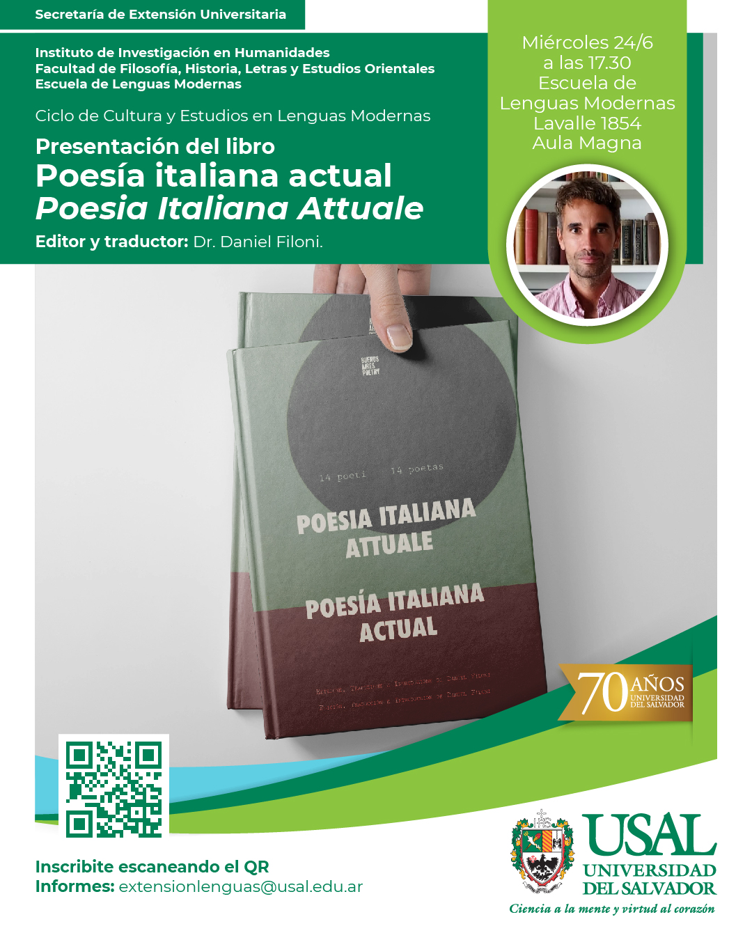 Portada de la actividad Presentación del libro «Poesía italiana actual» – Ciclo de Cultura y Estudios en Lenguas Modernas (D.Dec. No.066/26)