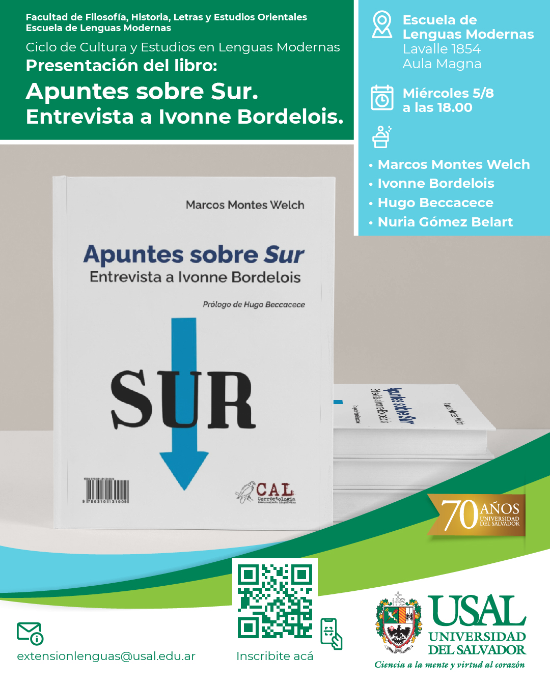 Portada de la actividad Presentación del libro «Apuntes sobre Sur. Entrevista a Ivonne Bordelois» - Ciclo de Cultura y Estudios en Lenguas Modernas (D.Dec. No.066/26)