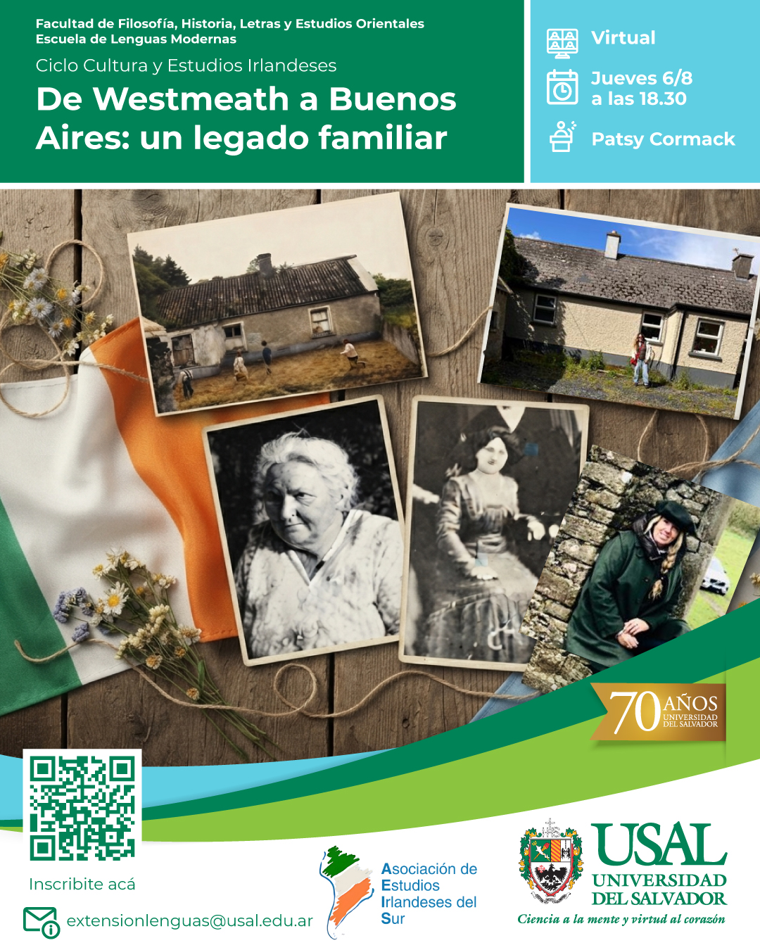 Portada de la actividad Charla: «De Westmeath a Buenos Aires: un legado familiar» - Ciclo de Cultura y Estudios Irlandeses (D.Dec. No.067/26)