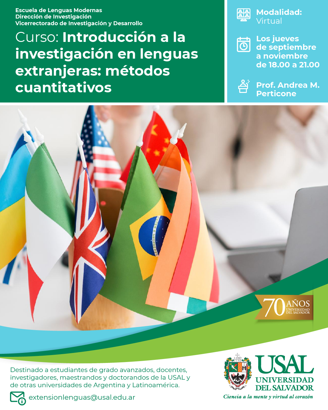 Portada de la actividad Seminario: “Introducción a la investigación en lenguas extranjeras: métodos cuantitativos” (D. V. No.166/26)