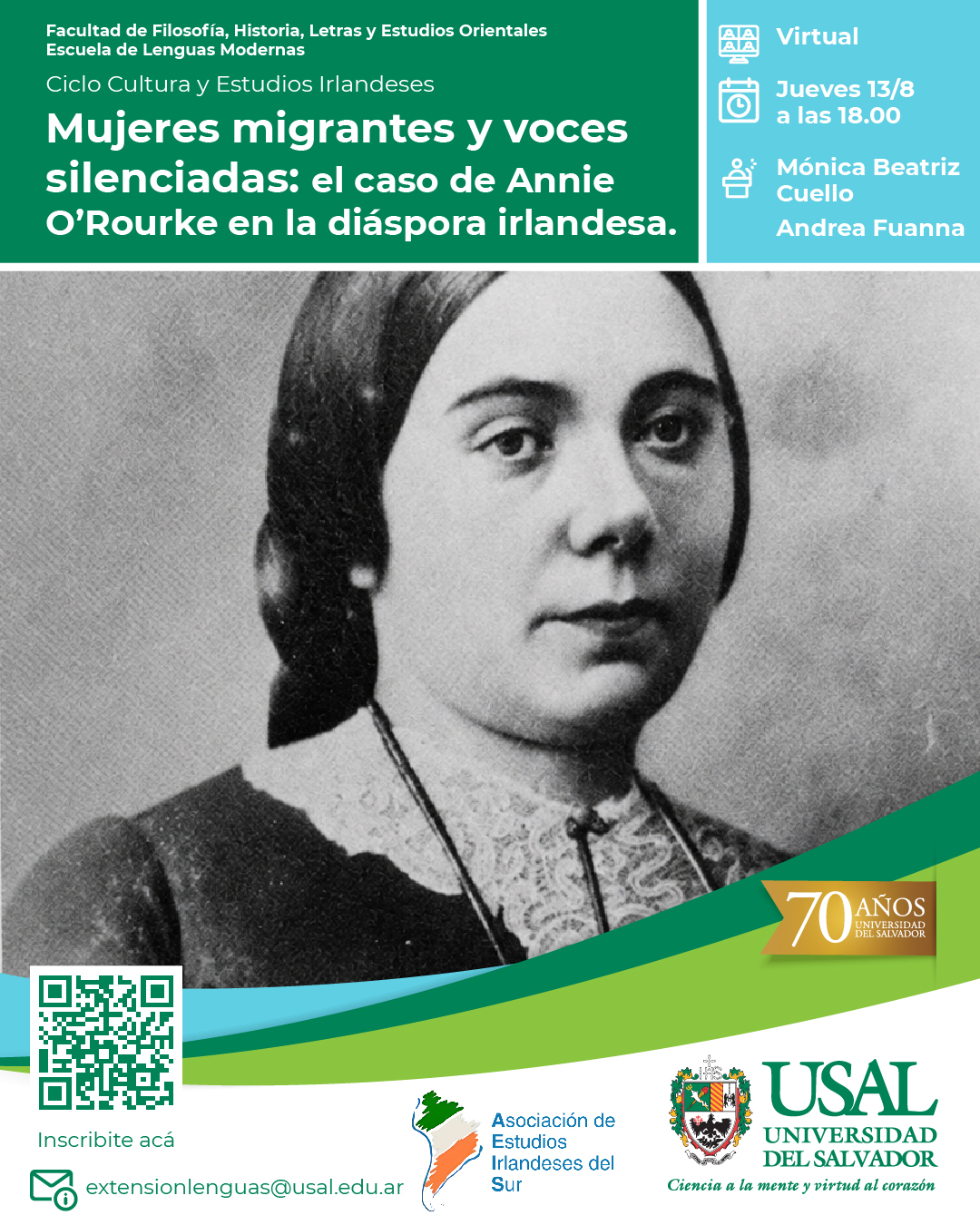Portada de la actividad Charla: «Mujeres migrantes y voces silenciadas: el caso de Annie O’Rourke en la diáspora irlandesa» - Ciclo de Cultura y Estudios Irlandeses (D.Dec. No.067/26)