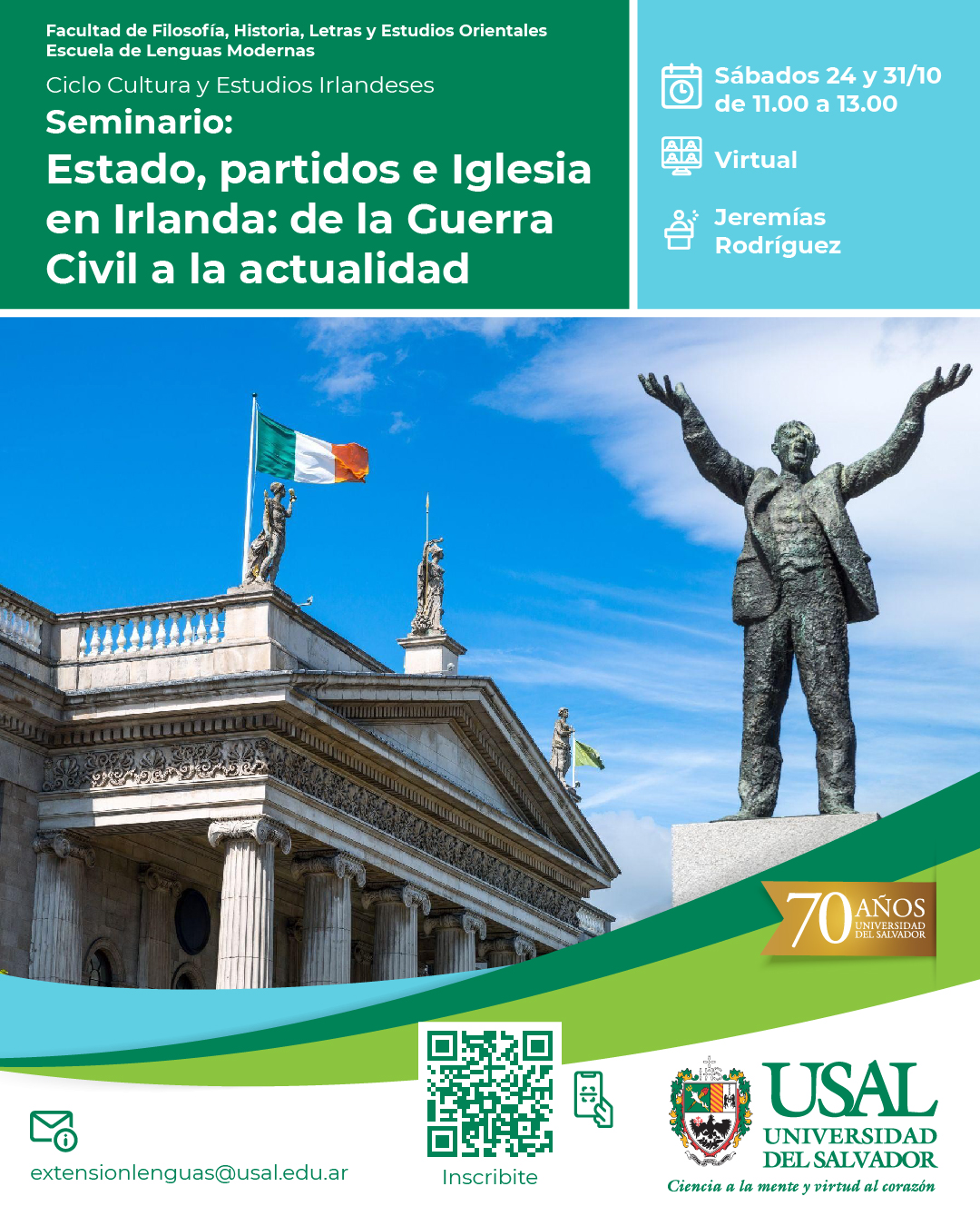 Portada de la actividad Seminario B: “Estado, partidos e Iglesia en Irlanda: de la Guerra Civil a la actualidad” - Ciclo de Cultura y Estudios Irlandeses (D.Dec. No.067/26)