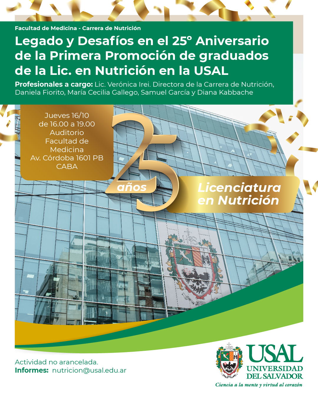 Portada de la actividad Legado y Desafíos en el 25º Aniversario de la Primera Promoción de graduados de la Lic en Nutrición en la USAL