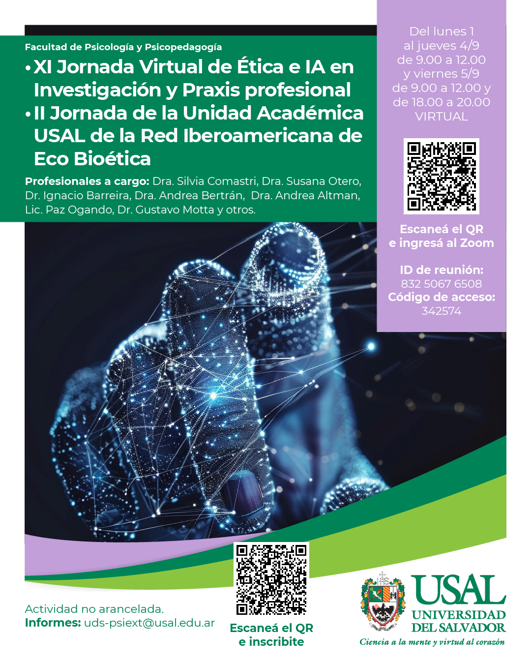 Portada de la actividad XI Jornada Virtual de Ética e IA en Investigación y Praxis profesional, y II Jornada de la Unidad Académica USAL de la Red Iberoamericana de Eco Bioética (Disp. 143 - 25)